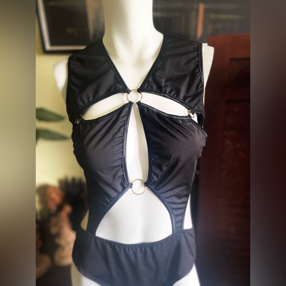 Sexy cut out mod goth industrial bodyCon black bathing body suit camp pinup - Picture 7 of 10